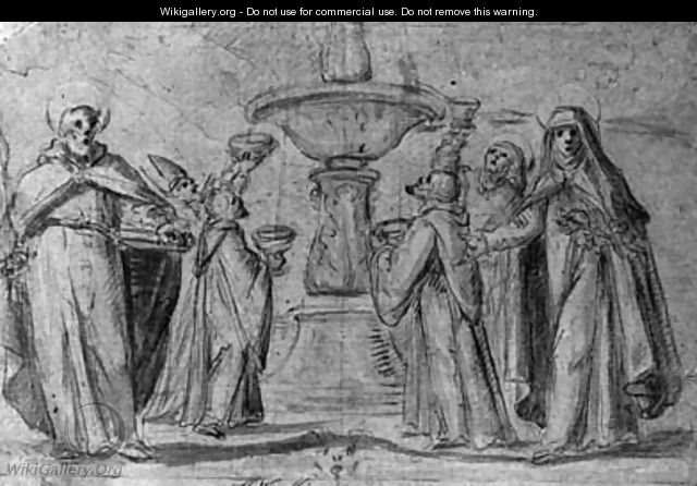 Saints gathering water from a fountain, Saint Paul and Saint Catherine standing in the foreground - Fabrizio Boschi