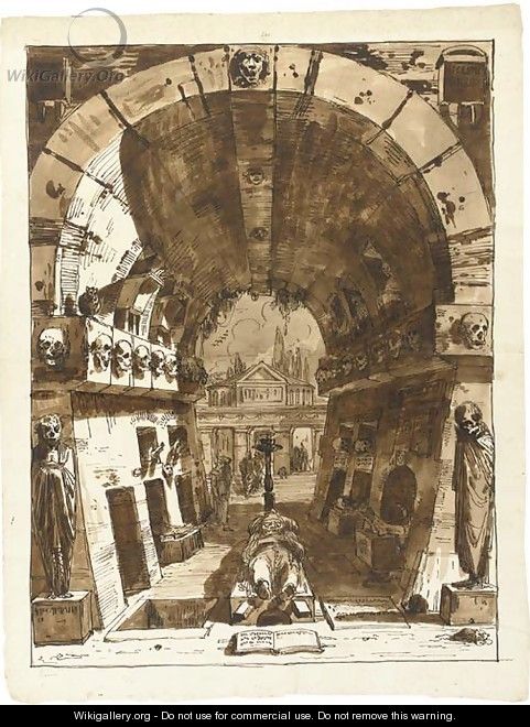 A vaulted sepulchre lined with niches, mourners in a cemetary beyond - Felice Giani