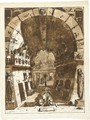 A vaulted sepulchre lined with niches, mourners in a cemetary beyond - Felice Giani