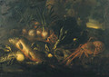 Fish, a seashell, a crayfish, a lobster and onions on a rocky bank - Felice Boselli