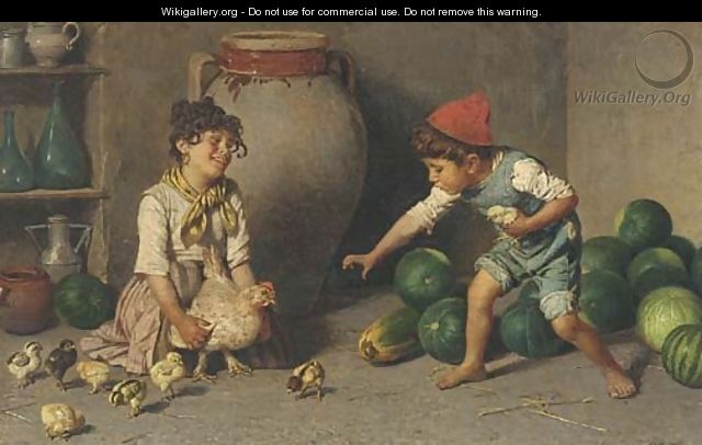 Children playing with a mother hen and her chicks - Federico Mazzotta