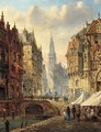 Figures by a canal in a Continental market town - Felice A. Rezia