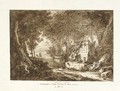 Figures at a tomb by an altar to Apollo, an extensive landscape seen through woods beyond - Felice Giani