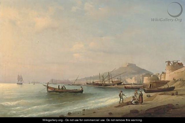 Fisherfolk at the shore, Naples beyond - Ferdinand Victor Perrot