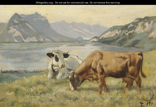 Zwei Kuthe vor Thunerseelandschaft, um 1888 - Ferdinand Hodler