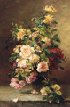 Roses In A Vase On A Stone Ledge - Eugene Henri Cauchois