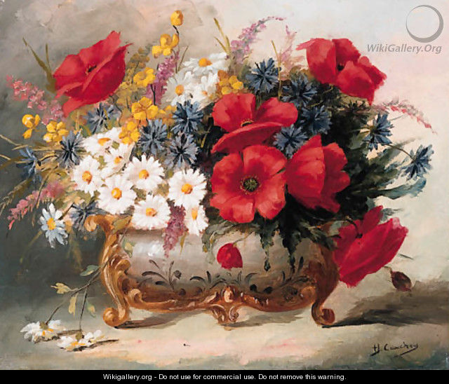 Poppies, Daisies and mixed Summer Flowers in a Roccoco Vase - Eugene Henri Cauchois