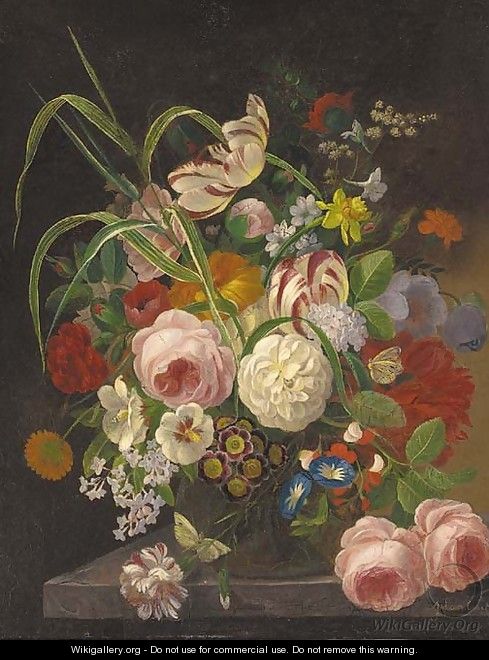 Peonies, tulips and other summer flowers in a glass vase on a stone ledge - F. van Geit