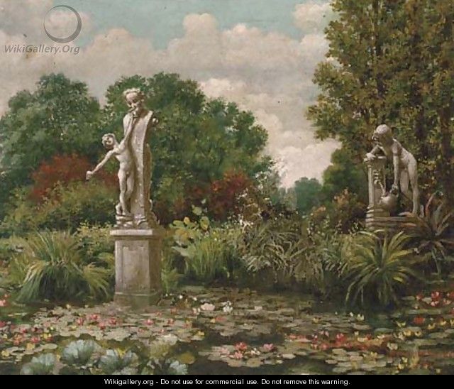 An ornamental garden with a lily pond - F. Van Der Weegen