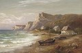 Fisherman's cottages on a coastline; and Waves breaking on a beach, a fishing village beyond - F. Clinton