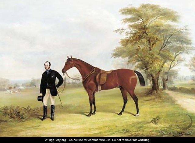 A gentleman with a saddled bay hunter in a parkland - F. C. Freeman