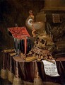 A vanitas still-life with a chest of jewels, a nautilus cup, an upturned crown and a skull resting on the top with a note - Edwart Collier