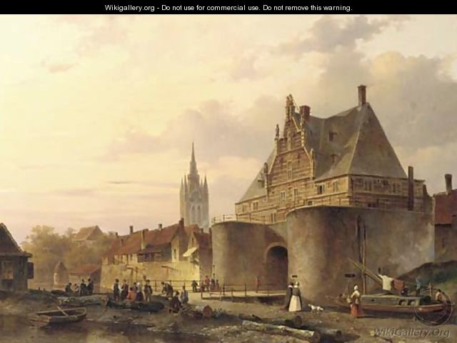 The Waterslootpoort at Delft at sunset, with the Prinsenhof in the distance - Everhardus Koster