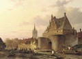 The Waterslootpoort at Delft at sunset, with the Prinsenhof in the distance - Everhardus Koster