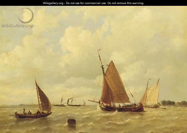 Sailing vessels and a steamship by a coast - Everhardus Koster