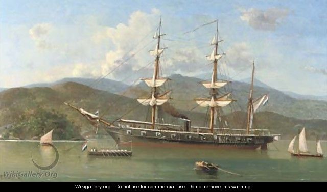 A Dutch naval barque anchored off a foreign coast - Everhardus Koster