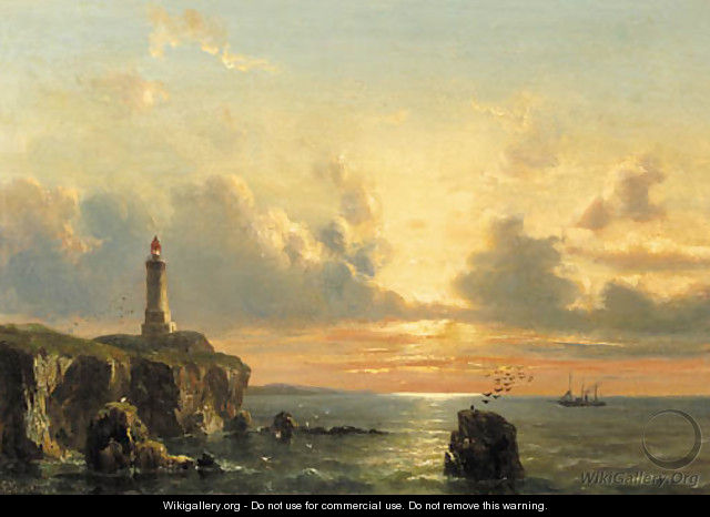 A coastal landscape with a lighthouse at sunset - Everhardus Koster