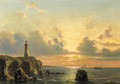 A coastal landscape with a lighthouse at sunset - Everhardus Koster