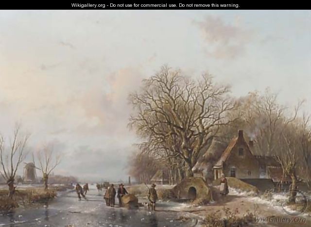 Skaters and a sportsman on the ice, a windmill and koek en zopie beyond - Everardus Benedictus Gregorius Mirani