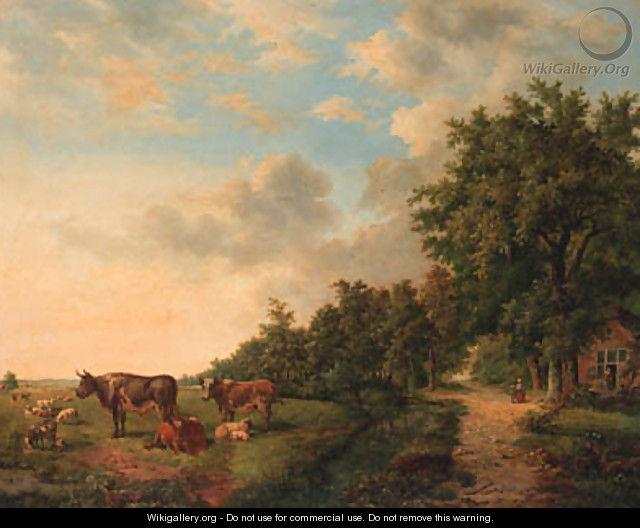 A wooded summer landscape with cattle in a meadow along a ditch - Everardus Benedictus Gregorius Mirani