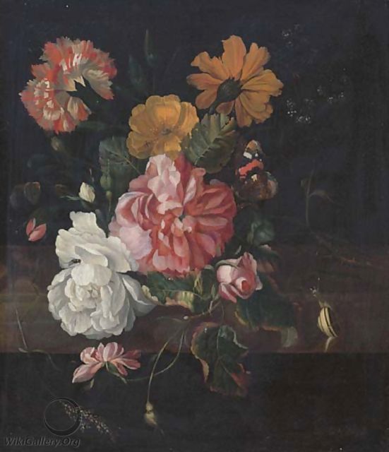 Roses with a butterfly, a bluebottle and a snail on a stone ledge - Ernst Stuven