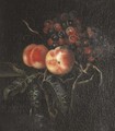 Peaches and grapes with a fly on a draped ledge - Ernst Stuven