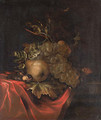 Grapes, a pear, a mouse and nuts on a partly draped ledge - Ernst Stuven