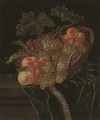 A pomegranate, apricots, grapes and peaches in a wicker basket on a partly-draped stone ledge - Ernst Stuven