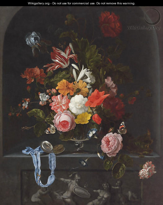 A parrot tulip, an iris, poppies, roses and other flowers in a glass vase with a pocket-watch and two butterflies in a niche - Ernst Stuven