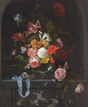 A parrot tulip, an iris, poppies, roses and other flowers in a glass vase with a pocket-watch and two butterflies in a niche - Ernst Stuven