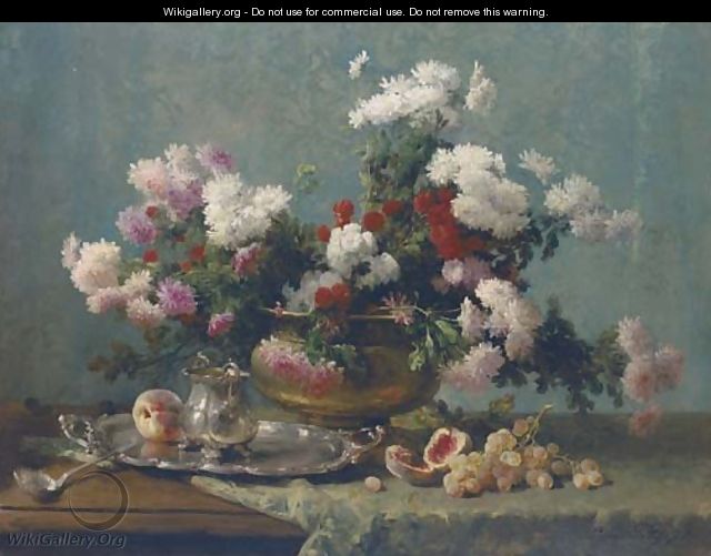 Chrysanthemums in a brass urn, and a silver tray and jug on a draped table - Eugene Petit