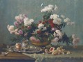 Chrysanthemums in a brass urn, and a silver tray and jug on a draped table - Eugene Petit