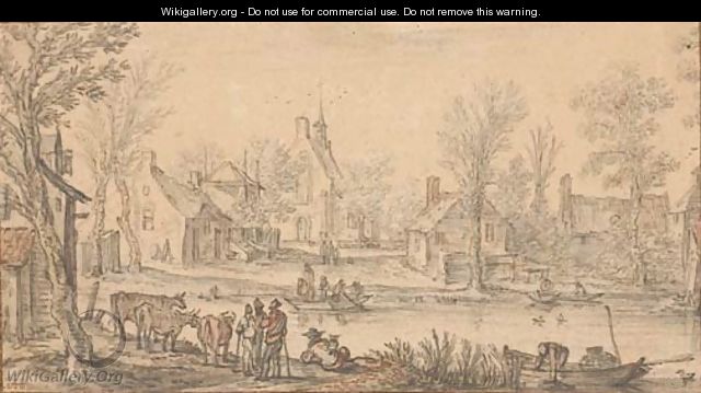 A village on a river, figures in the foreground - Esaias Van De Velde