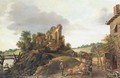 An extensive landscape with soldiers resting by a tavern, a horse and cart and other figures on a road and a ruin on a hilltop beyond - Esaias Van De Velde