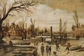 A winter landscape with figures skating on a frozen canal - Esaias Van De Velde