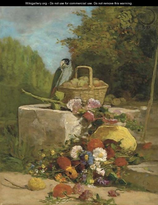 Perroquet, fruits et fleurs dans un jardin - Eugène Boudin