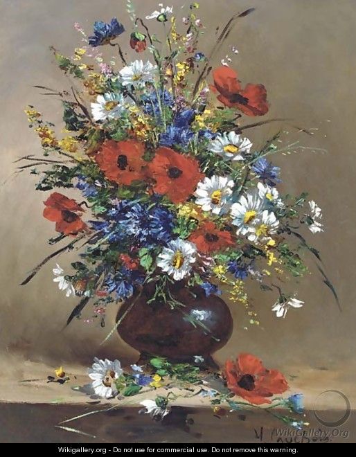 Poppies and daisies and other flowers in a bowl - Eugene Henri Cauchois