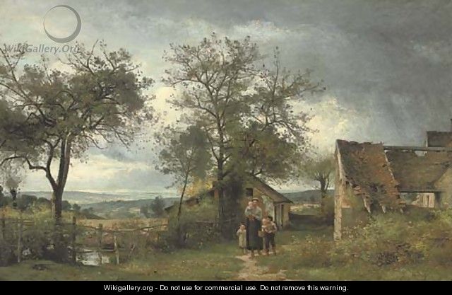 A family gathering before a country cottage - Eugene Antoine Samuel Lavieille