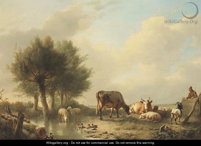 Overseeing the animals gathered by a stream - Eugène Verboeckhoven