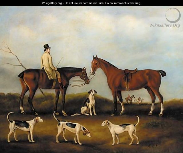 A huntsman on horseback with hounds in a landscape - English School