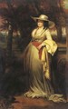 Portrait of a lady, full-length, in a white dress and paisley shawl, in a landscape - English School