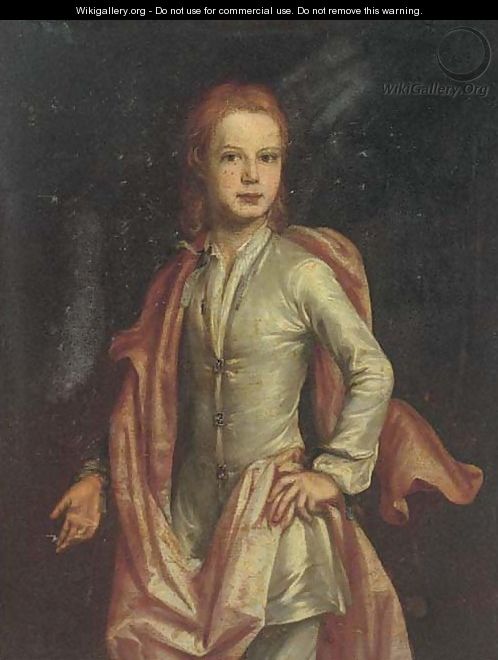 Portrait of boy, three-quarter-length, in a pale blue coat and an orange cloak - English School