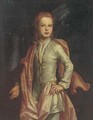 Portrait of boy, three-quarter-length, in a pale blue coat and an orange cloak - English School