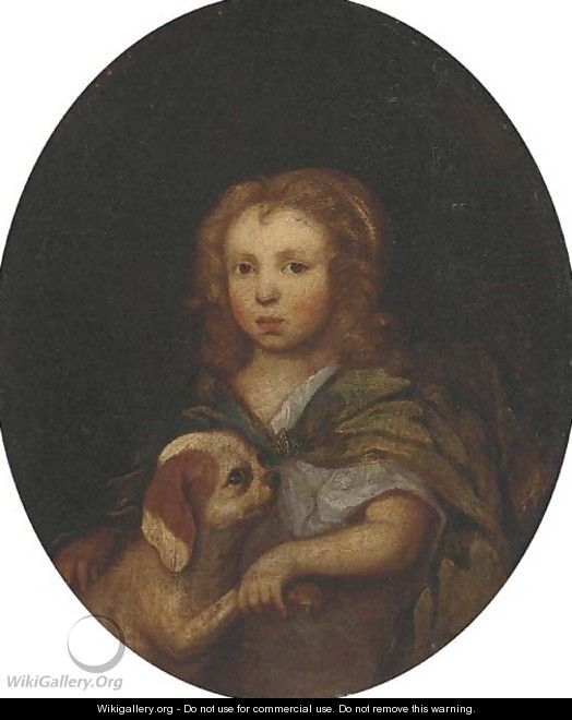 Portrait of a young girl, half-length, in a green wrap, a dog by her side - English School