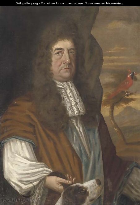 Portrait of a gentleman, standing half-length, in a landscape with his dog, an exotic bird in the tree beyond - English School