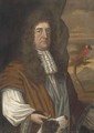 Portrait of a gentleman, standing half-length, in a landscape with his dog, an exotic bird in the tree beyond - English School