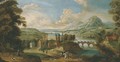 An extensive mountainous river landscape with a castle by a bridge, huntsmen and hounds in the foreground - English School