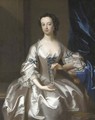 Portrait of Mary Rand, half-length, seated, in an oyster-satin dress with blue ribbons, holding a string of pearls - Enoch Seeman