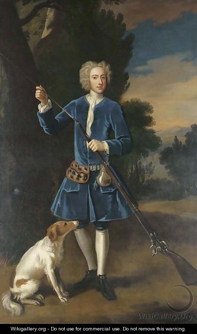 Portrait of a gentleman, full-length, in a blue velvet coat, loading his gun, a spaniel at his side, in a landscape - Enoch Seeman