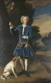 Portrait of a gentleman, full-length, in a blue velvet coat, loading his gun, a spaniel at his side, in a landscape - Enoch Seeman